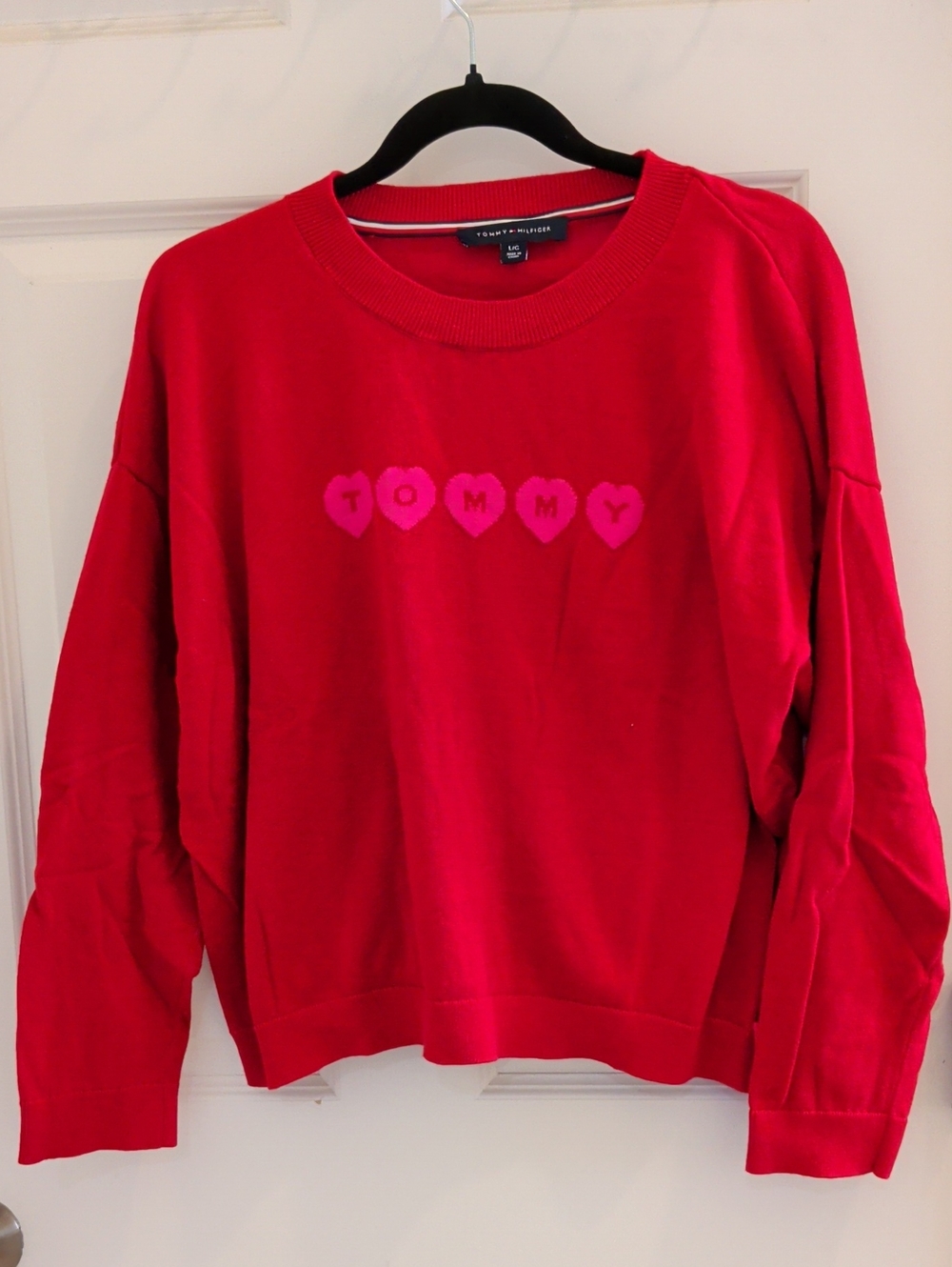Tommy Hilfiger Red Crewneck Sweatshirt with Pink Heart 'Tommy' Motif